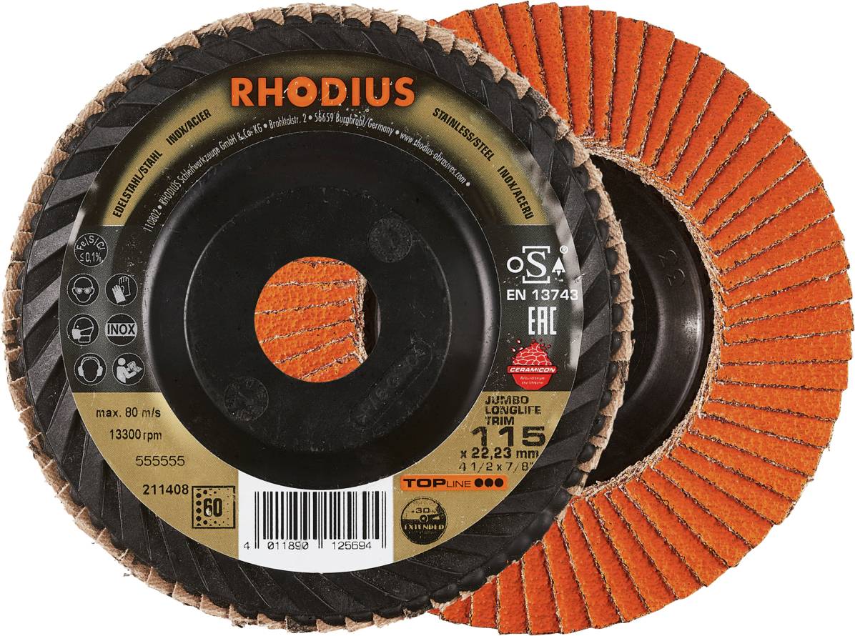'RHODIUS' grinding discs, orange and black, for metalworking, max. 80 m/s, 13300 rpm, diameter 125 mm, hole 22.23 mm.
