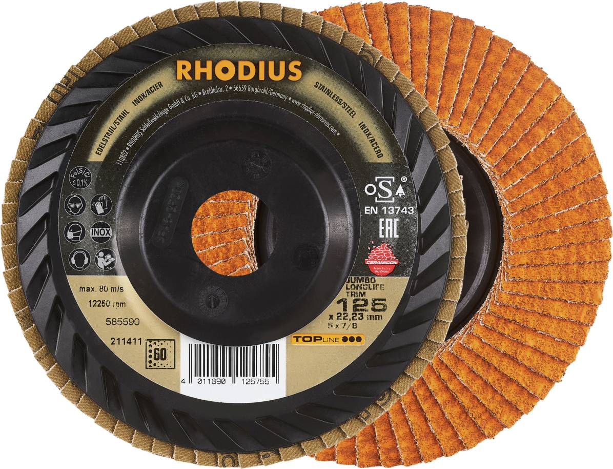 Two orange grinding discs by Rhodius with labelling for specification and safety markings.