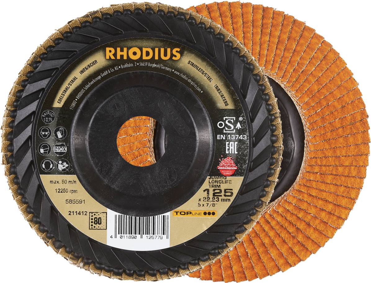 Two grinding discs from Rhodius, one showing the front side with marking, the other showing the back side with orange lamellas.
