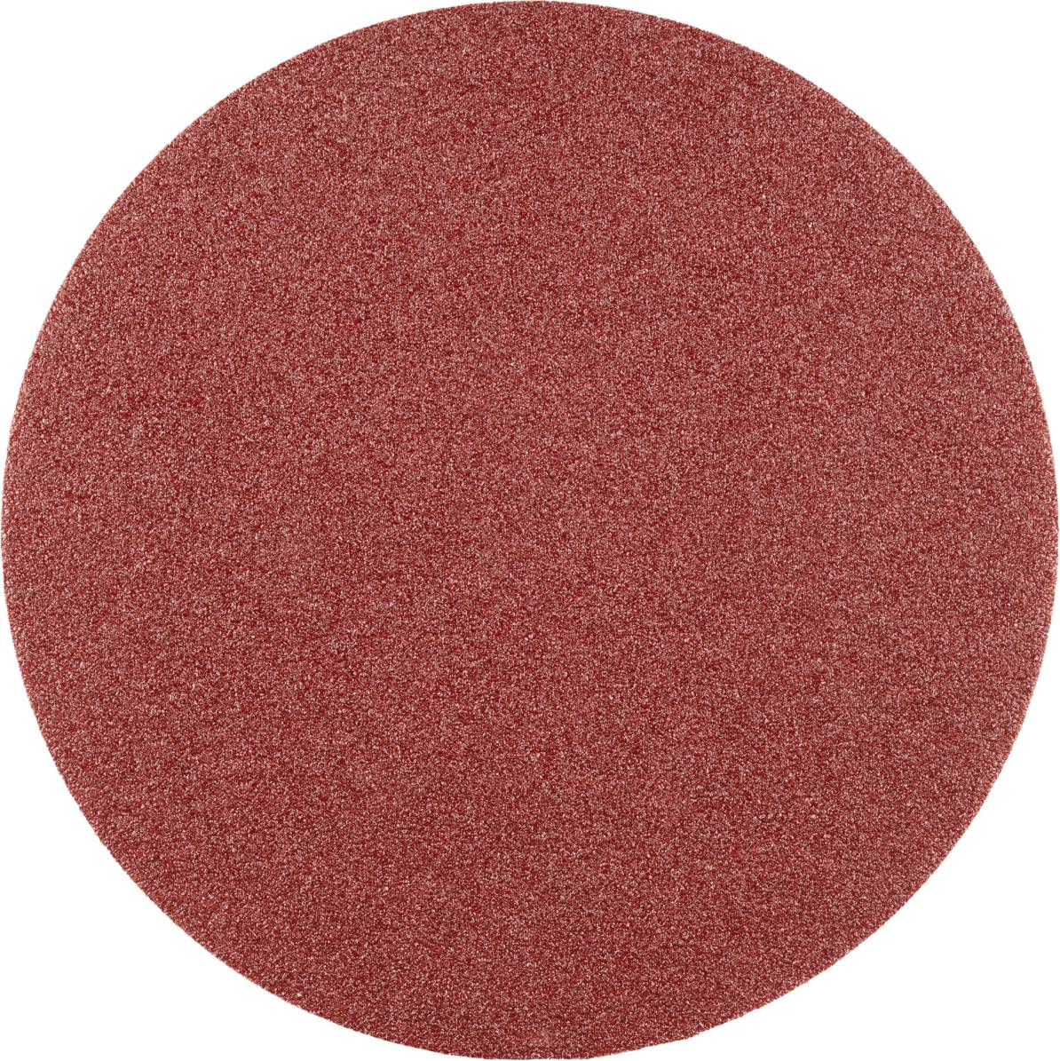 Round, red grinding wheel with a rough texture, commonly used for smoothing and polishing surfaces.