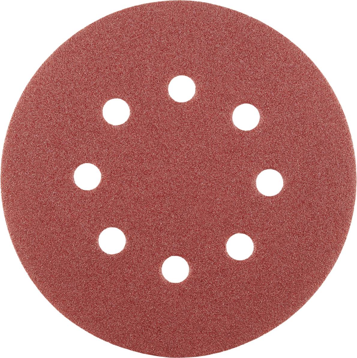 A red, circular sanding disc with eight holes, used for surface sanding.