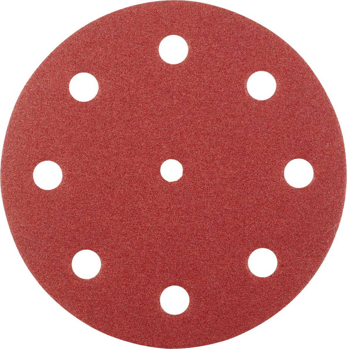 A red round sanding disc with eight evenly distributed holes. It is used for sanding machines.