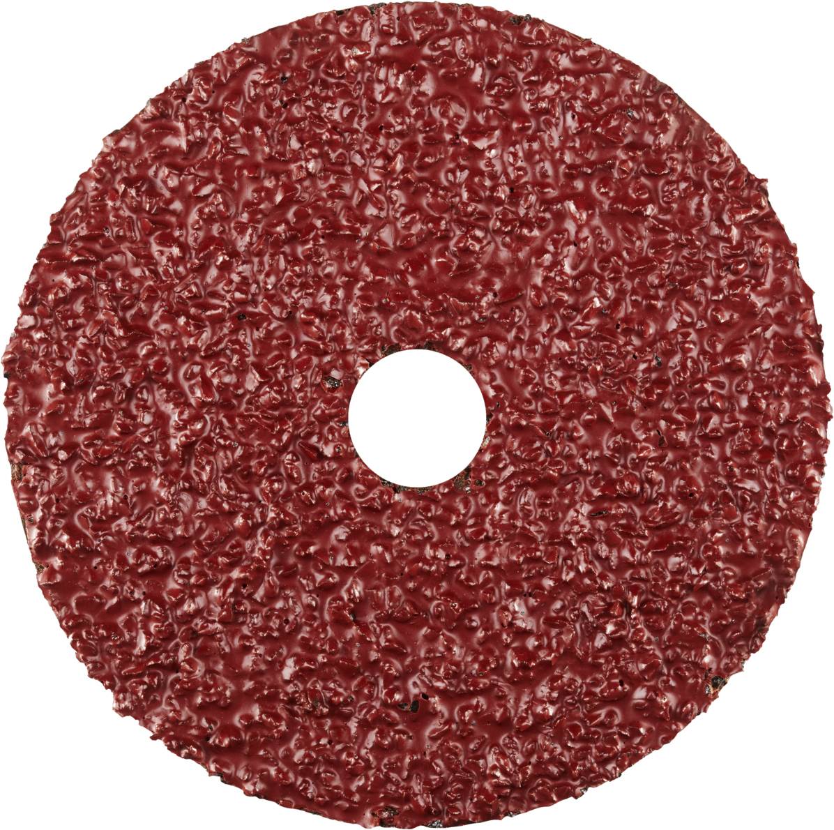 A red grinding wheel with a coarse texture and central hole.