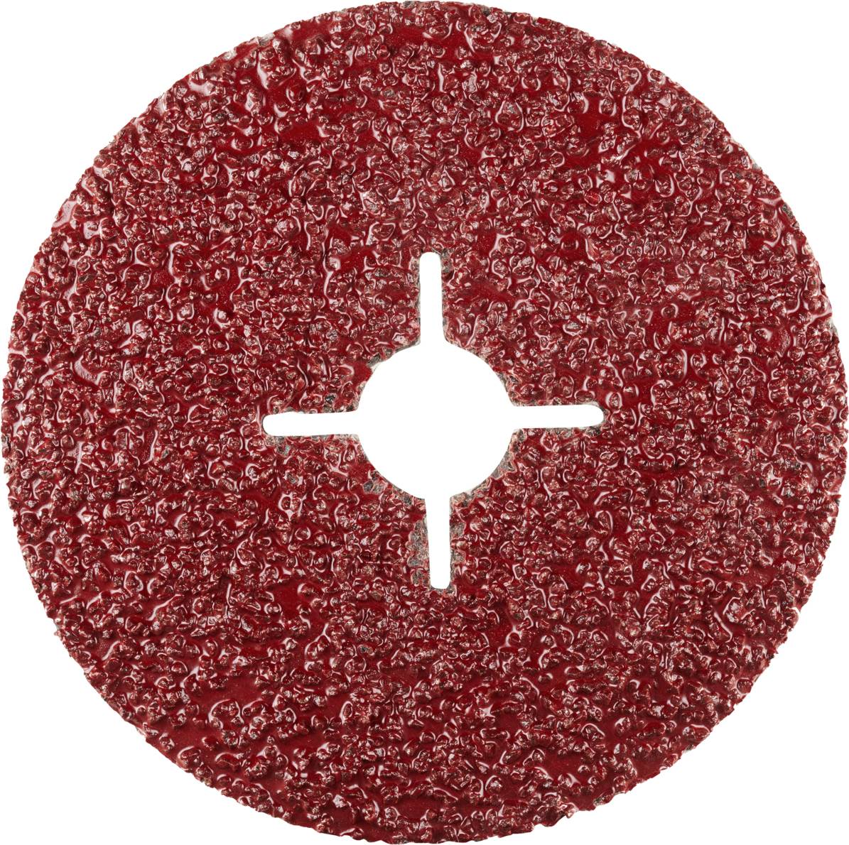 Red grinding wheel with a rough, granular surface and a cross-shaped opening in the centre. Suitable for metalworking or woodworking.