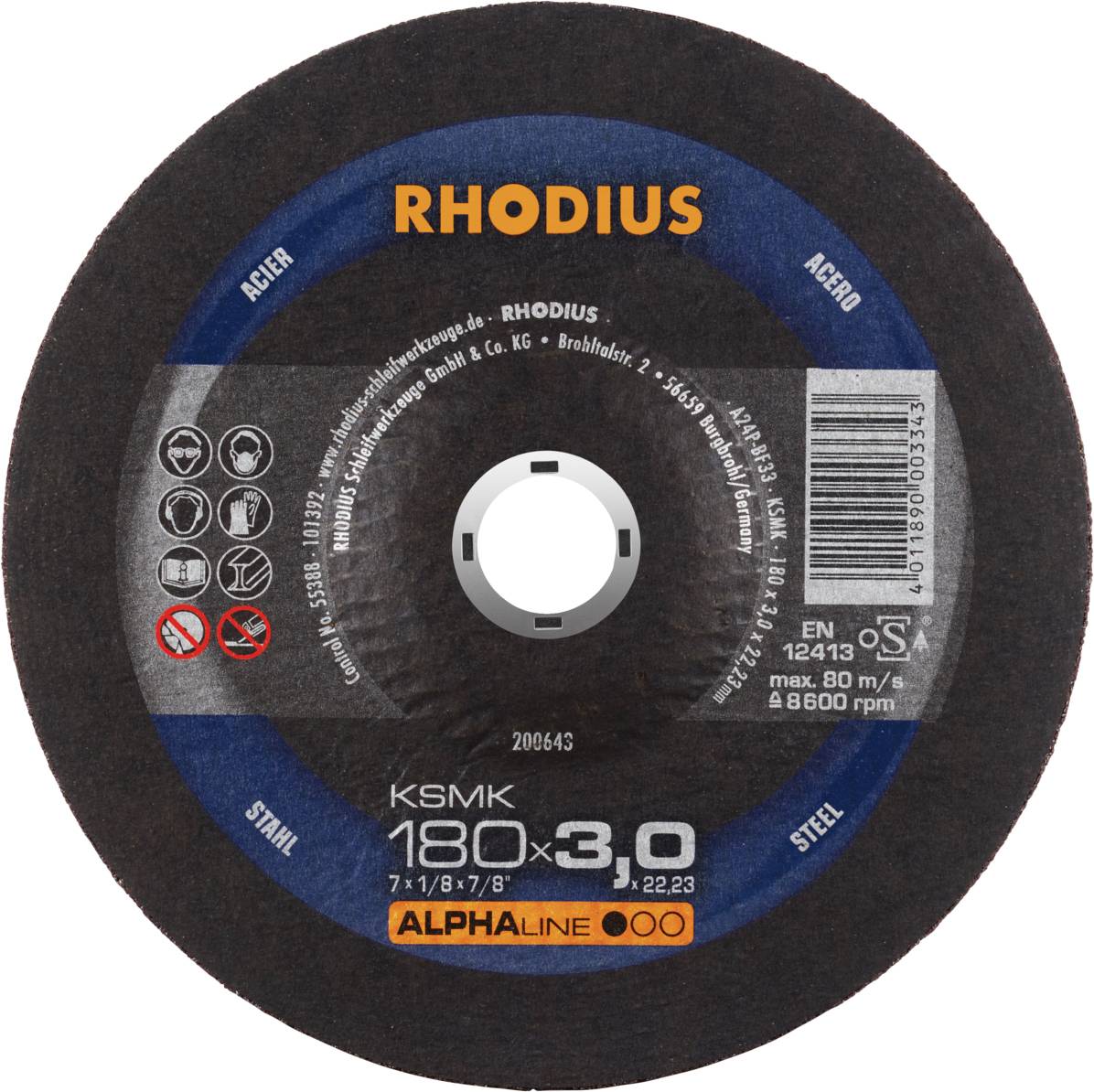 Grinding disc with 'RHODIUS' printed in the centre. Specifications: 180x3.0mm, suitable for steel. Symbols indicate usage information.