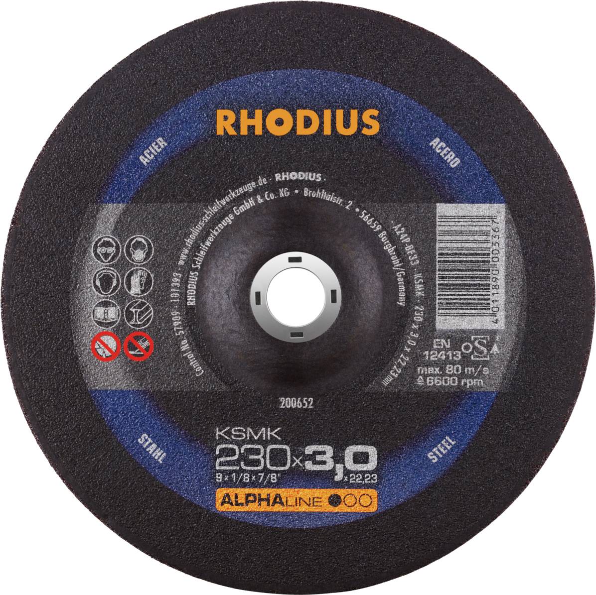 Rhodius grinding disc; diameter 230 mm, thickness 3 mm. Suitable for steel and stainless steel, maximum speed 80 m/s.