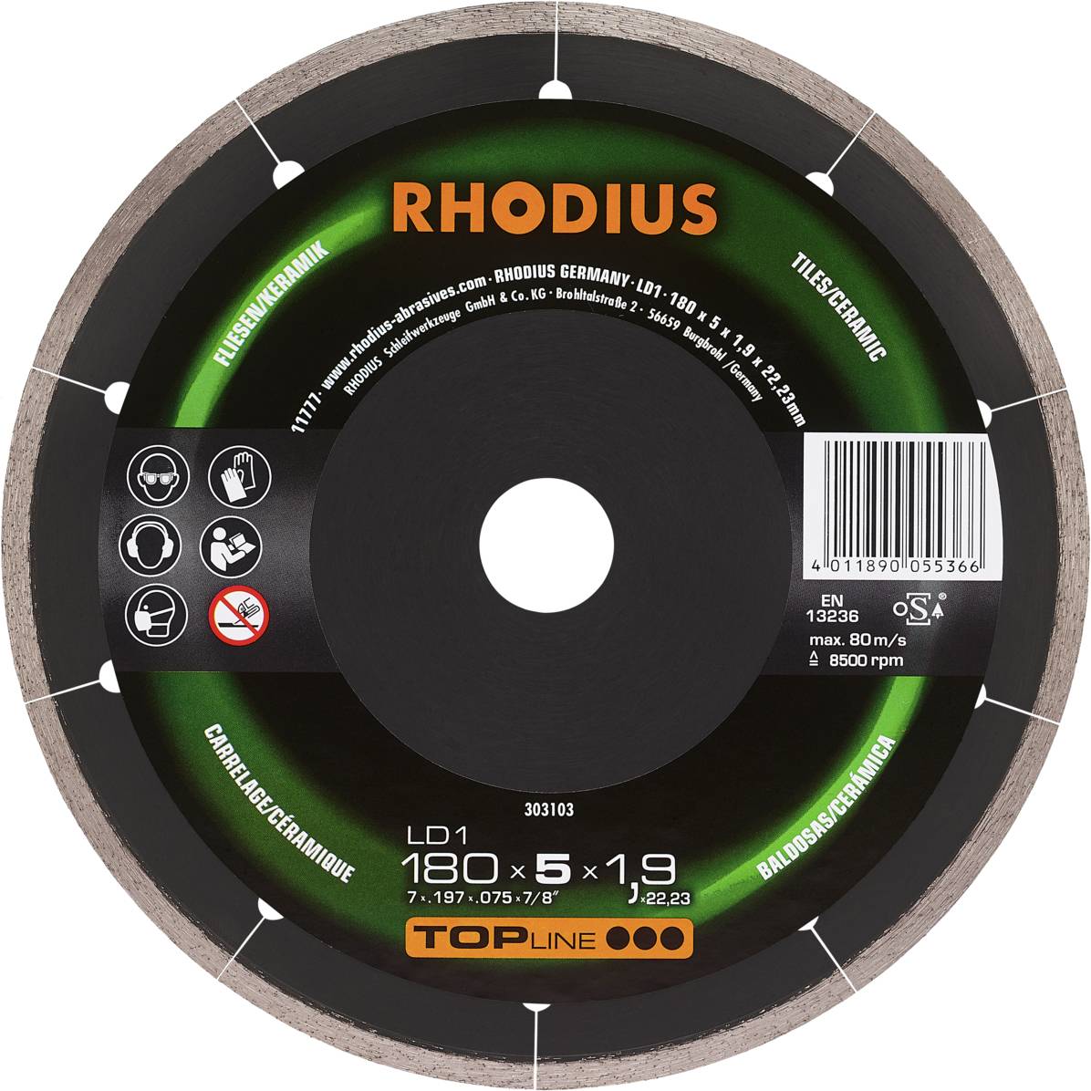 A Rhodius cutting disc for tiles, ceramics and marble. With pictograms for use, CE marking and technical specifications.