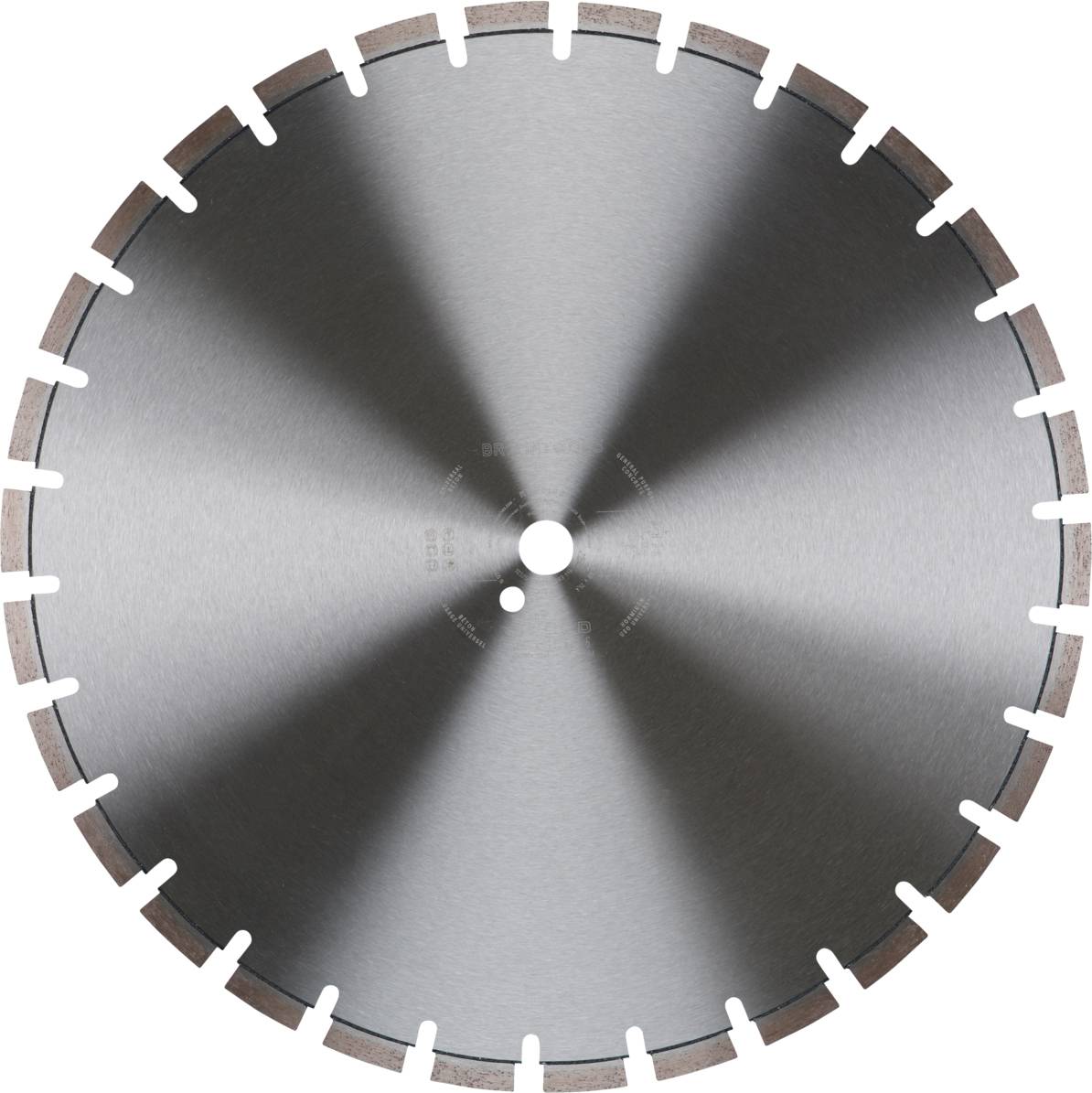Round, silver saw blade with reddish, segmented edges for cutting solid materials.