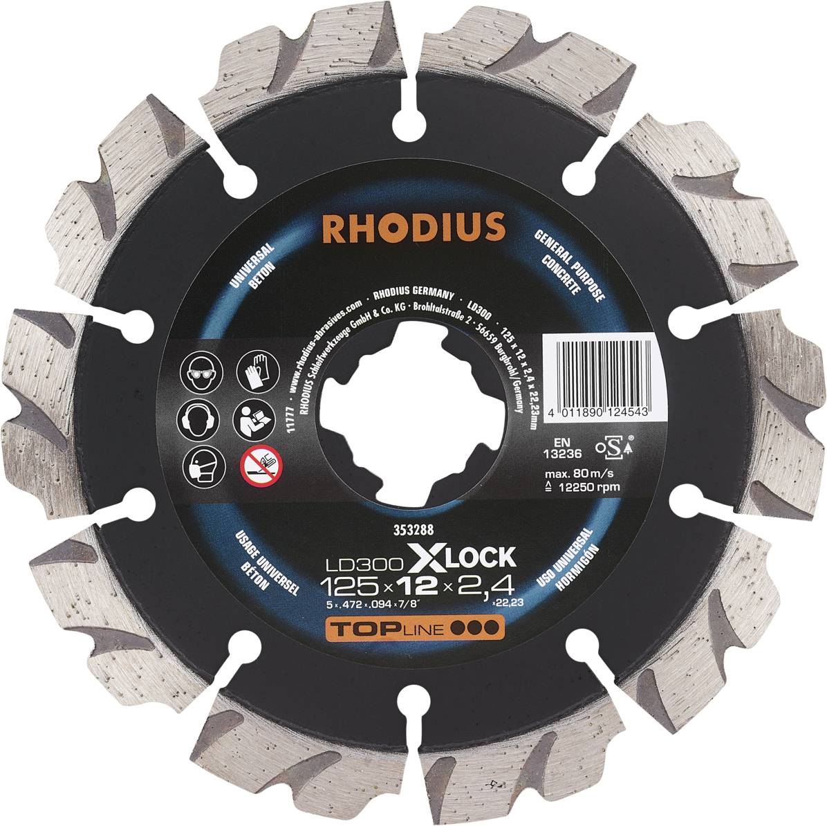 Circular saw blade with metal teeth, brand 'Rhodius', model LD300 X-LOCK, 125 mm diameter, for concrete and masonry processing.