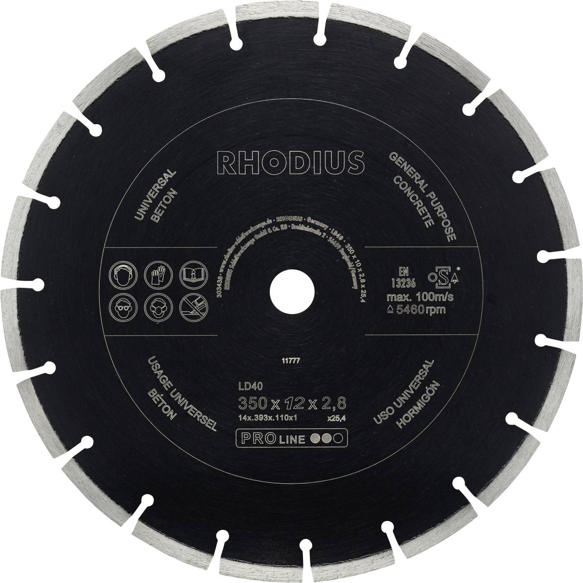 Diamond saw blade for concrete, universal use, 350 mm diameter, max. speed 100 m/s, manufacturer: Rhodius.