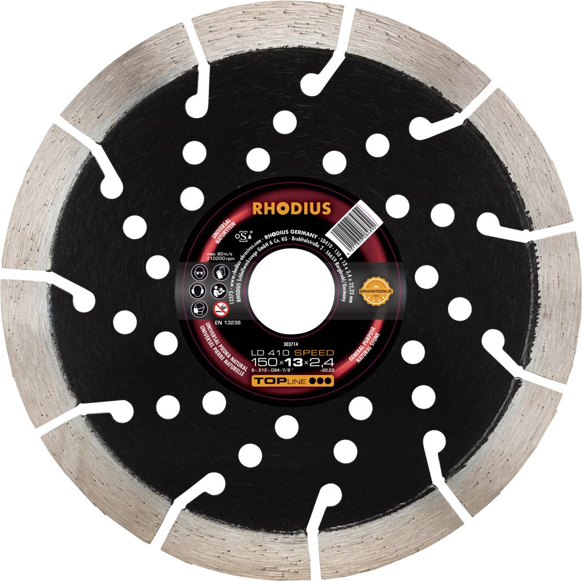 'RHODIUS' diamond cutting disc with black and silver teeth, suitable for concrete and stone. Central labelling with product information.