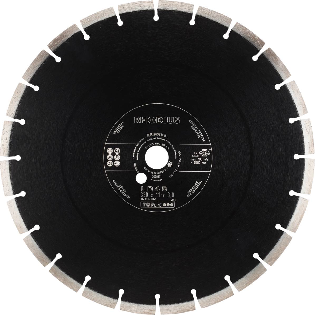 A black cutting blade with silver teeth and white markings in the centre, labelled 'RHODIUS'.