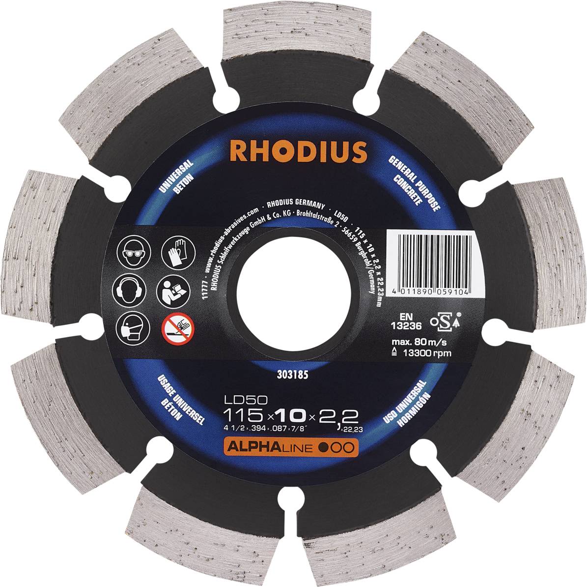 Circular saw blade with 'Rhodius' inscription. Diameter: 115mm, thickness: 2.2mm. Suitable for universal and new construction materials.
