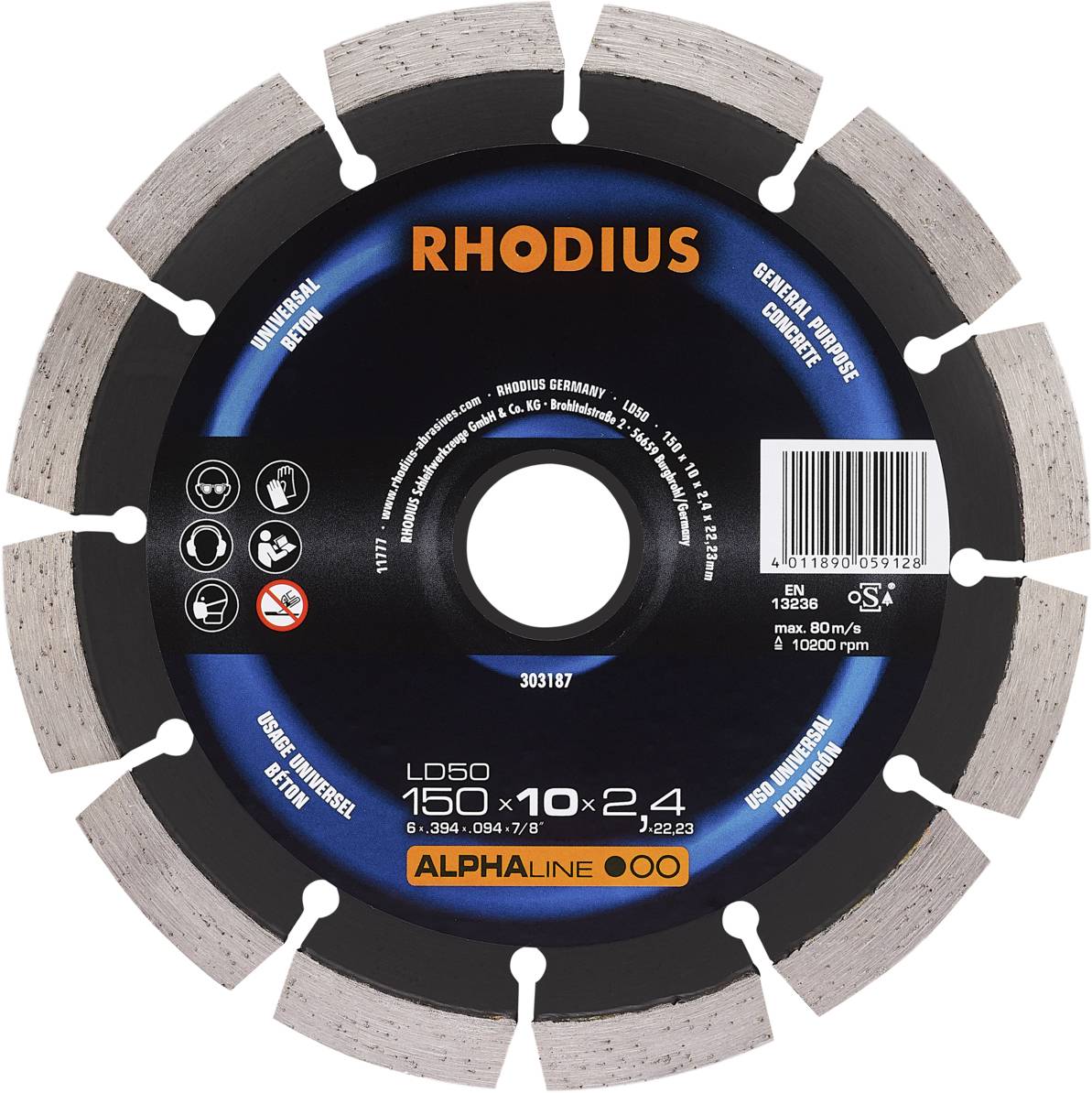 Rhodius diamond saw blade, 150 x 10 x 2.4 mm, suitable for concrete and universal use, product specifications printed.