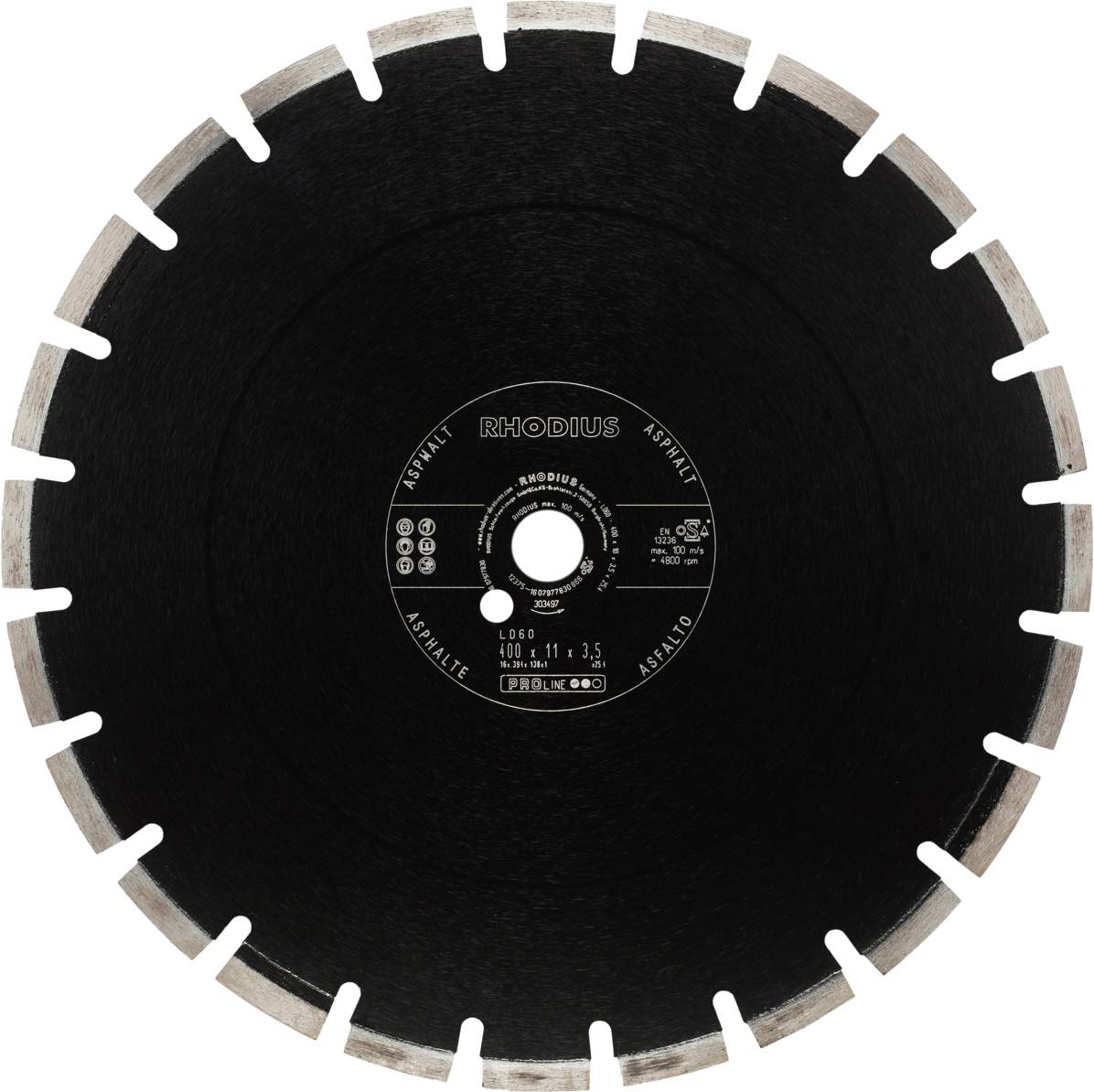 Black diamond cutting disc with silver segments, 'Rhodius' brand print. Used for cutting hard materials such as stone.