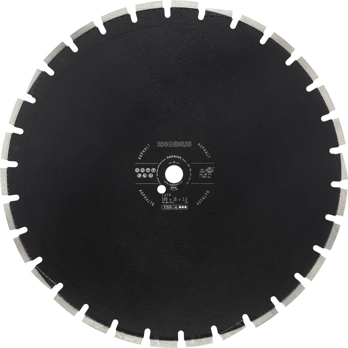 Circular saw blade with silver teeth and a black centre. It is designed for cutting hard materials.