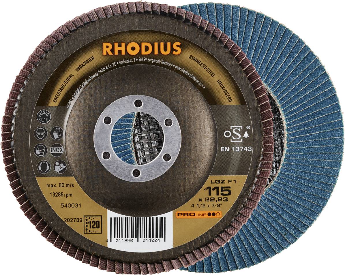 A grinding flap disc by Rhodius, 115 mm in diameter, for stainless steel processing, shows front and rear views.