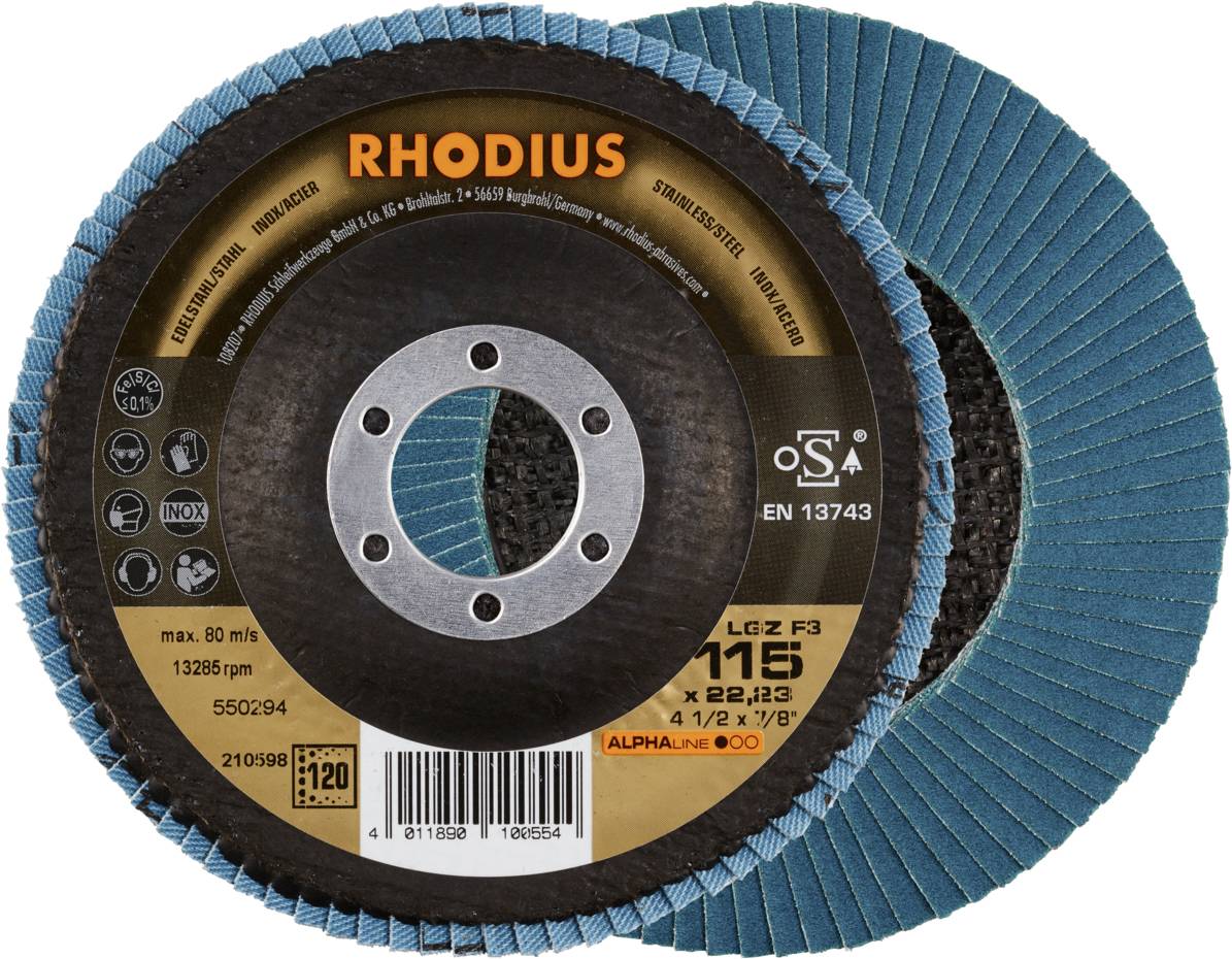 Round abrasive disc with a blue surface, brown central section, and the brand name 'RHODIUS' in the centre. Intended for use on metals.