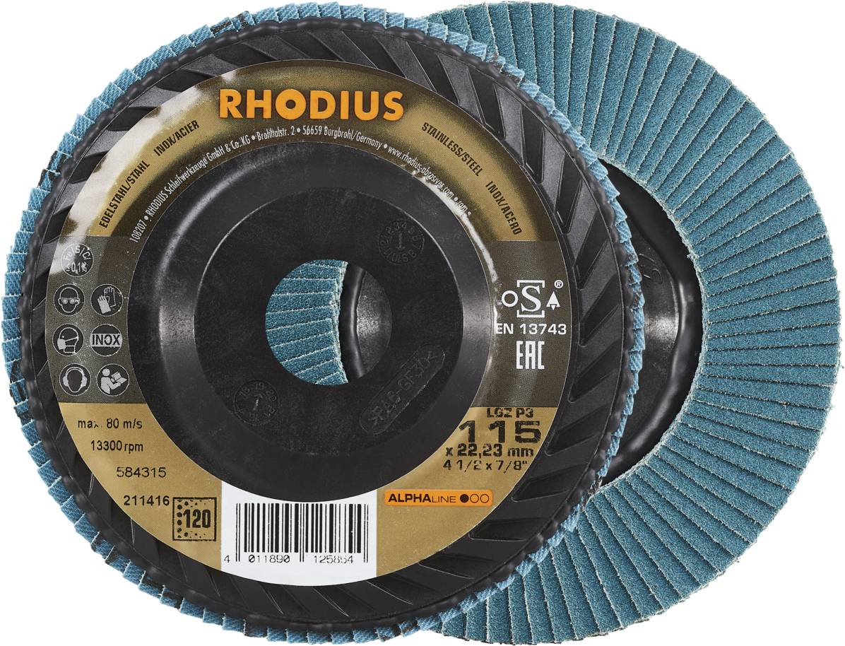 Two grinding discs with the inscription Rhodius; blue-green lamellae, suitable for metal processing, dimensions 125 x 22.23 mm.