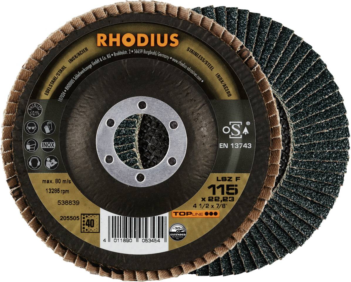 'RHODIUS' Grinding Discs for Angle Grinders, Model LSZ F 115 x 22.23 mm, suitable for metal processing, max. 80 m/s, 13,286 RPM.
