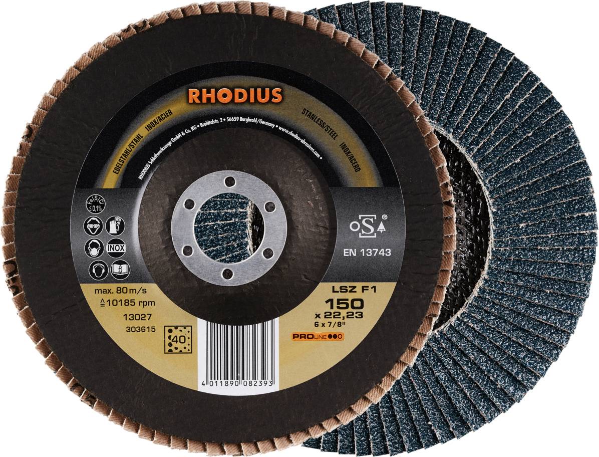 Rhodius grinding discs with technical specifications: 150 mm diameter, 22.23 mm bore, maximum speed of 80 m/s.