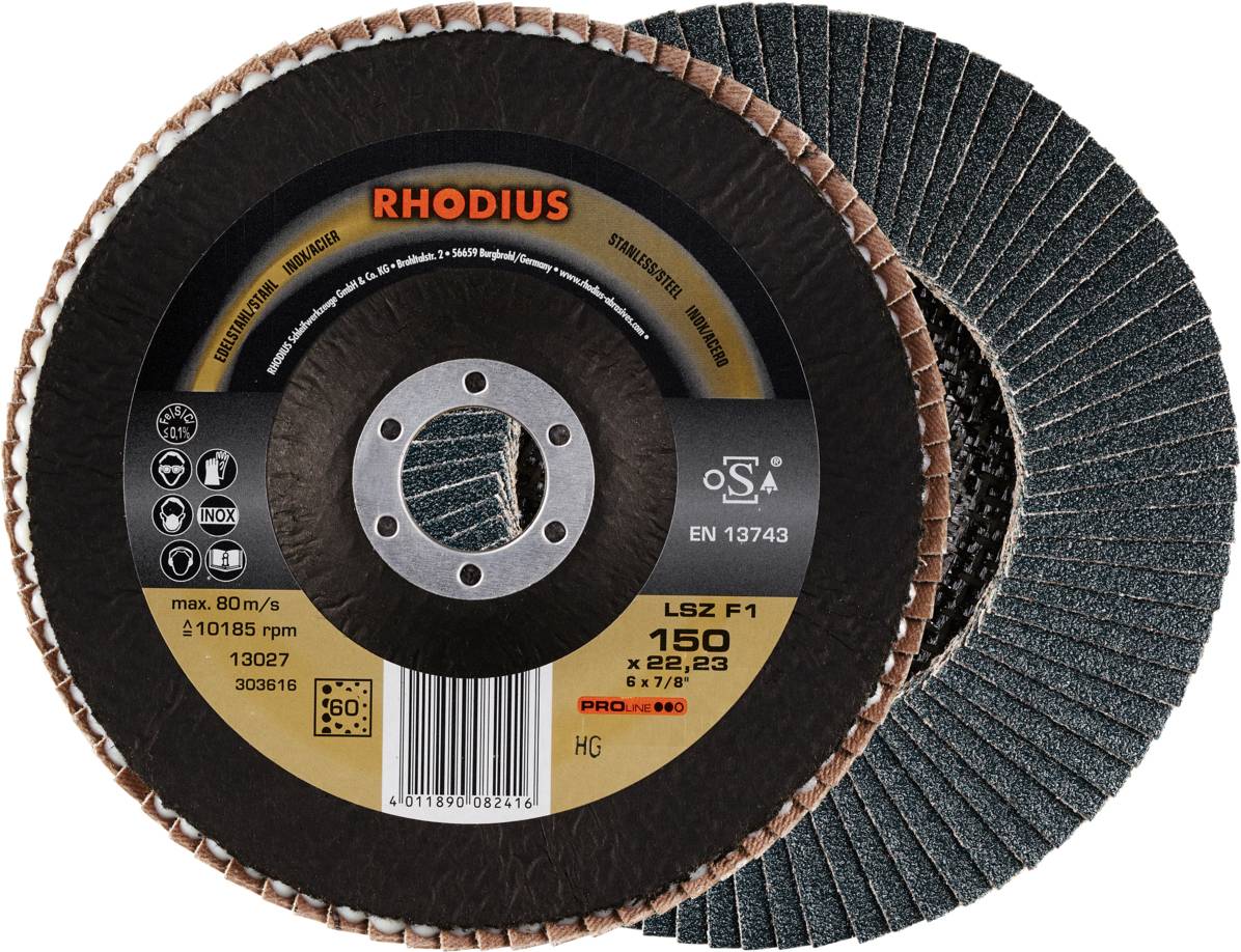 Two grinding discs by Rhodius, model LSZ F1, diameter 150 mm, max. 80 m/s, suitable for metalworking.