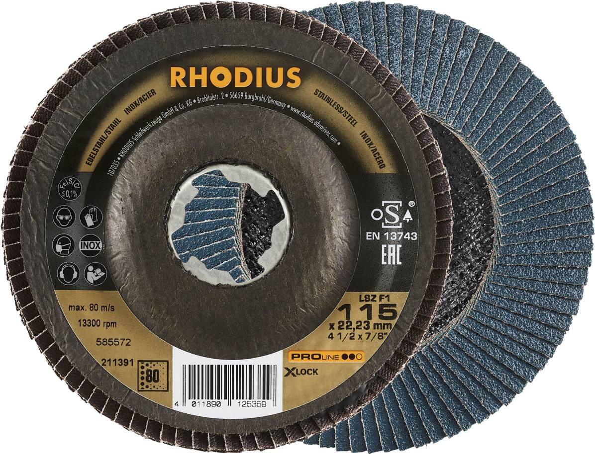 'RHODIUS' grinding disc with X-Lock, suitable for metal processing, 115 mm diameter, 80 grit, EN 13743 certified.