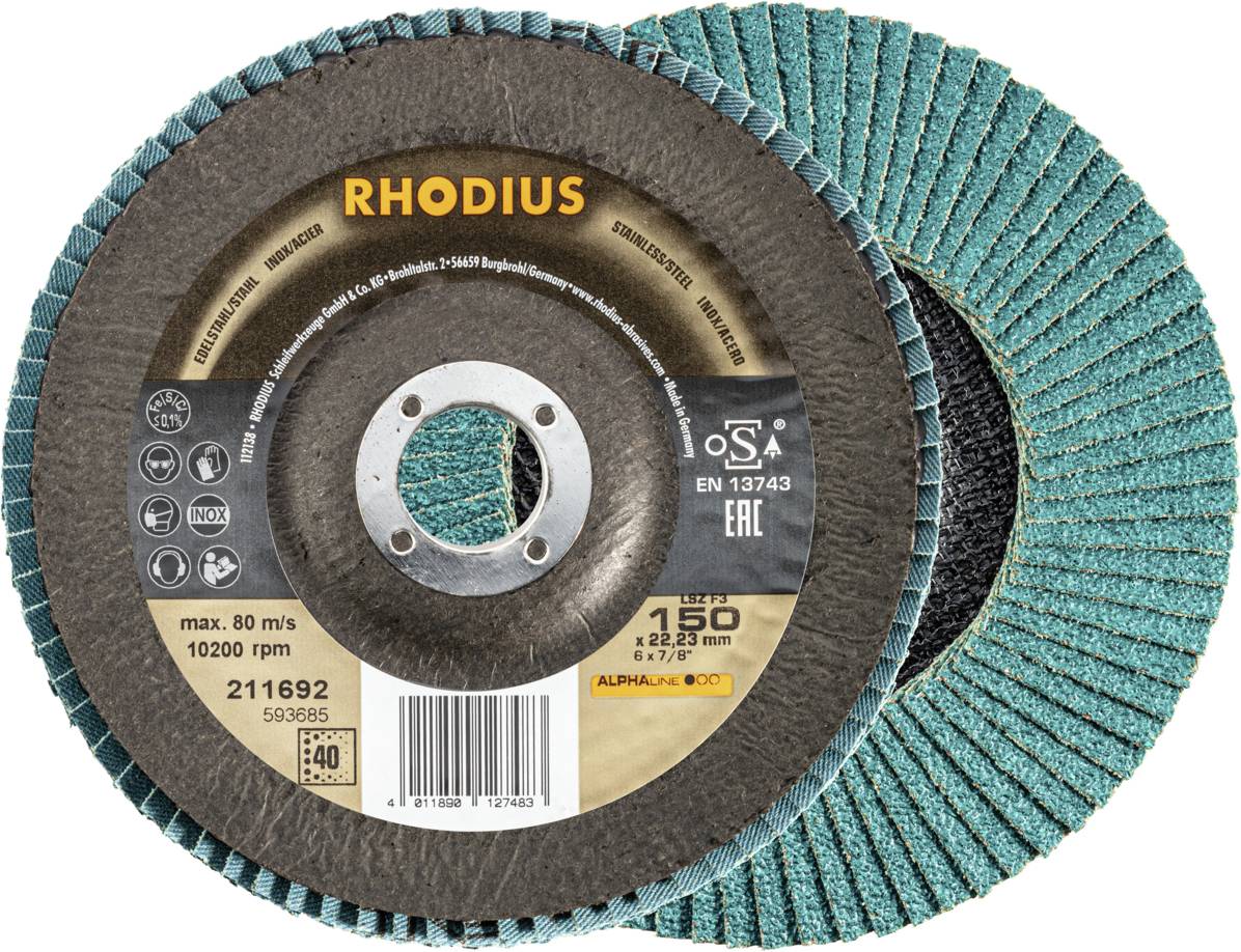 Two overlapping grinding discs with green-blue grinding material and a brown centre. On the surface it reads 'RHODIUS 40'.