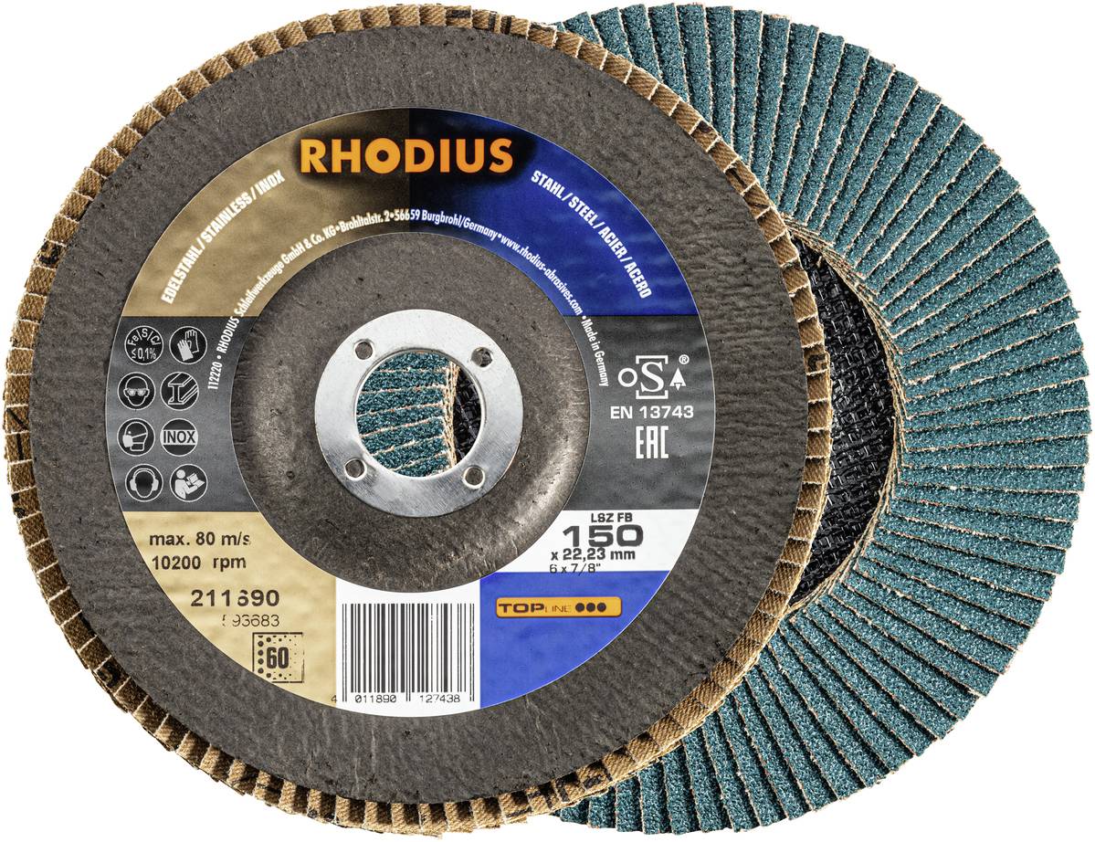 Two RHODIUS abrasive discs, one with coarse sandpaper, the other with a finer grain, suitable for metalworking.