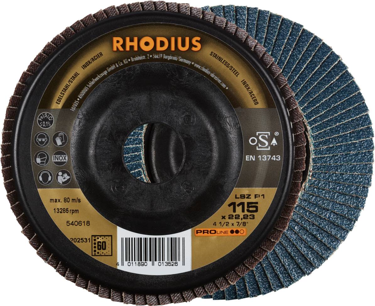 RHODIUS grinding disc, model 115 x 22.23 mm, suitable for stainless steel and steel, with maximum speed of 80 m/s.