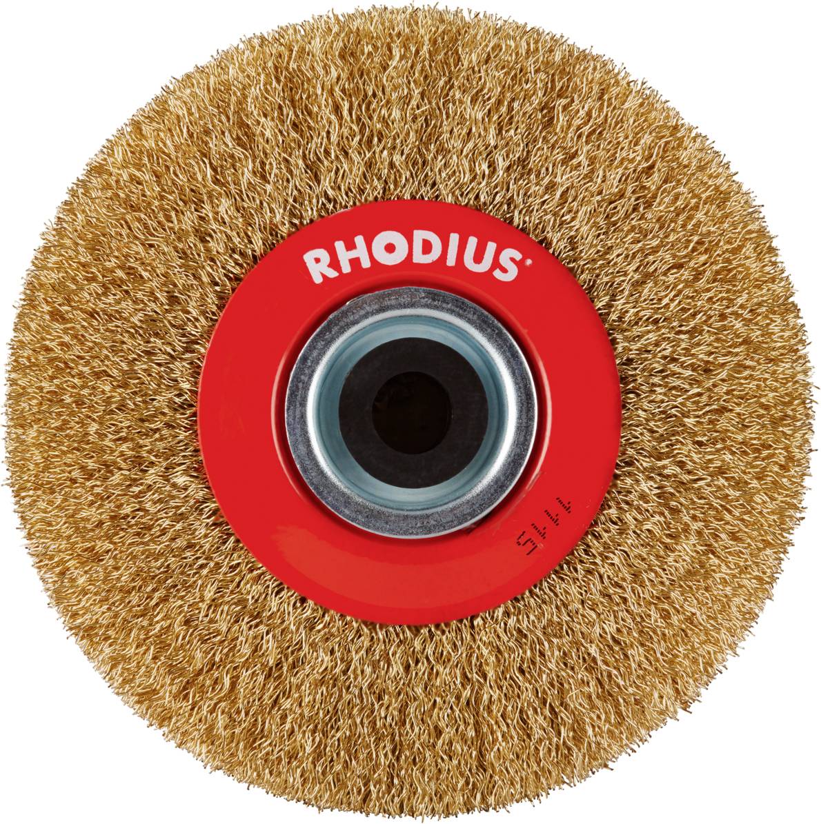 A red wire brush with metal bristles and 'RHODIUS' printed on the top surface.