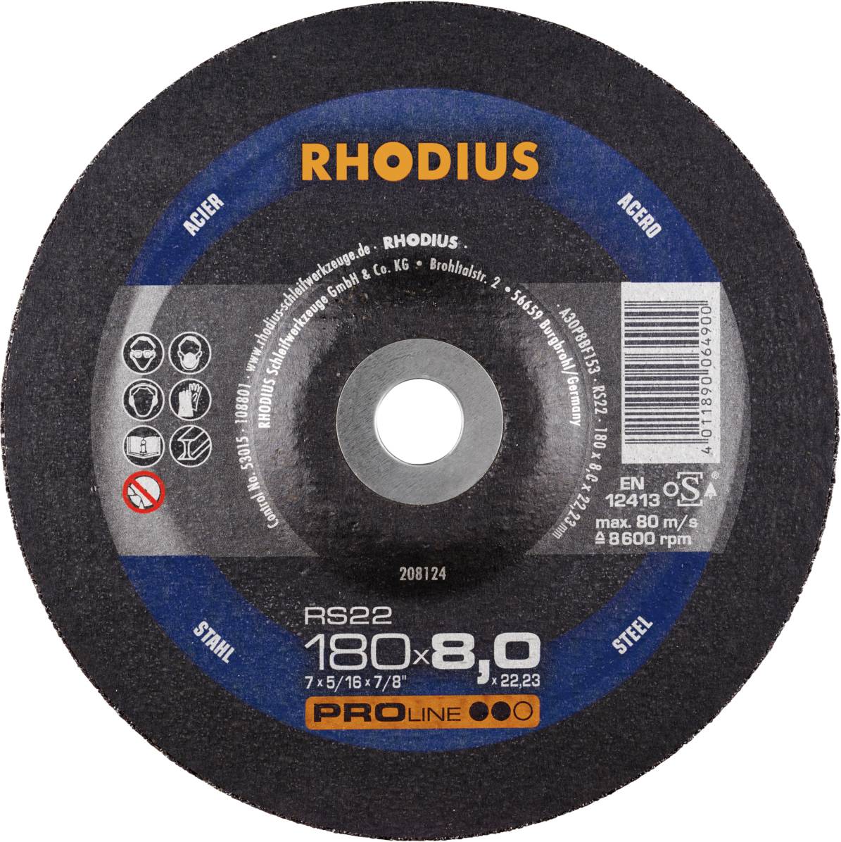Grinding disc with inscription 'RHODIUS', Model RS22, diameter 180x8 mm, suitable for steel, maximum speed 80 m/s.