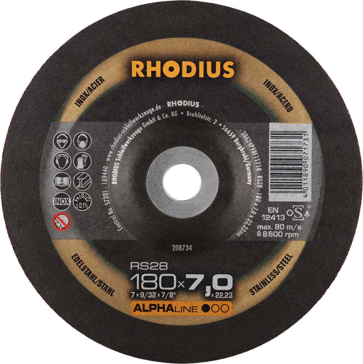 RHODIUS Cutting Disc RS28 for Stainless Steel, Size 180x7.0 mm. Suitable for maximum speed of 80 m/s and up to 8,500 rpm.