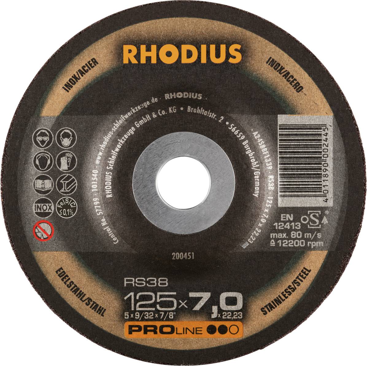 'RHODIUS RS38 cutting disc' for stainless steel 125x7.0 mm, max. 12,200 rpm, EN 12413, crossed-out INOX symbol.