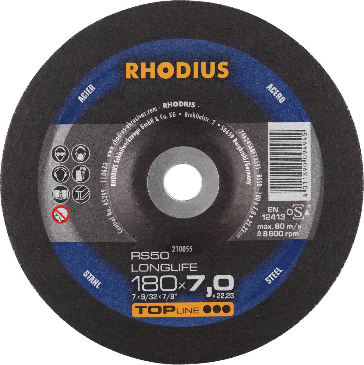 RHODIUS 'RS50 LONGLIFE' grinding disc, diameter 180 mm, thickness 7 mm, for steel and stainless steel, max. 80 m/s, 8,600 RPM.