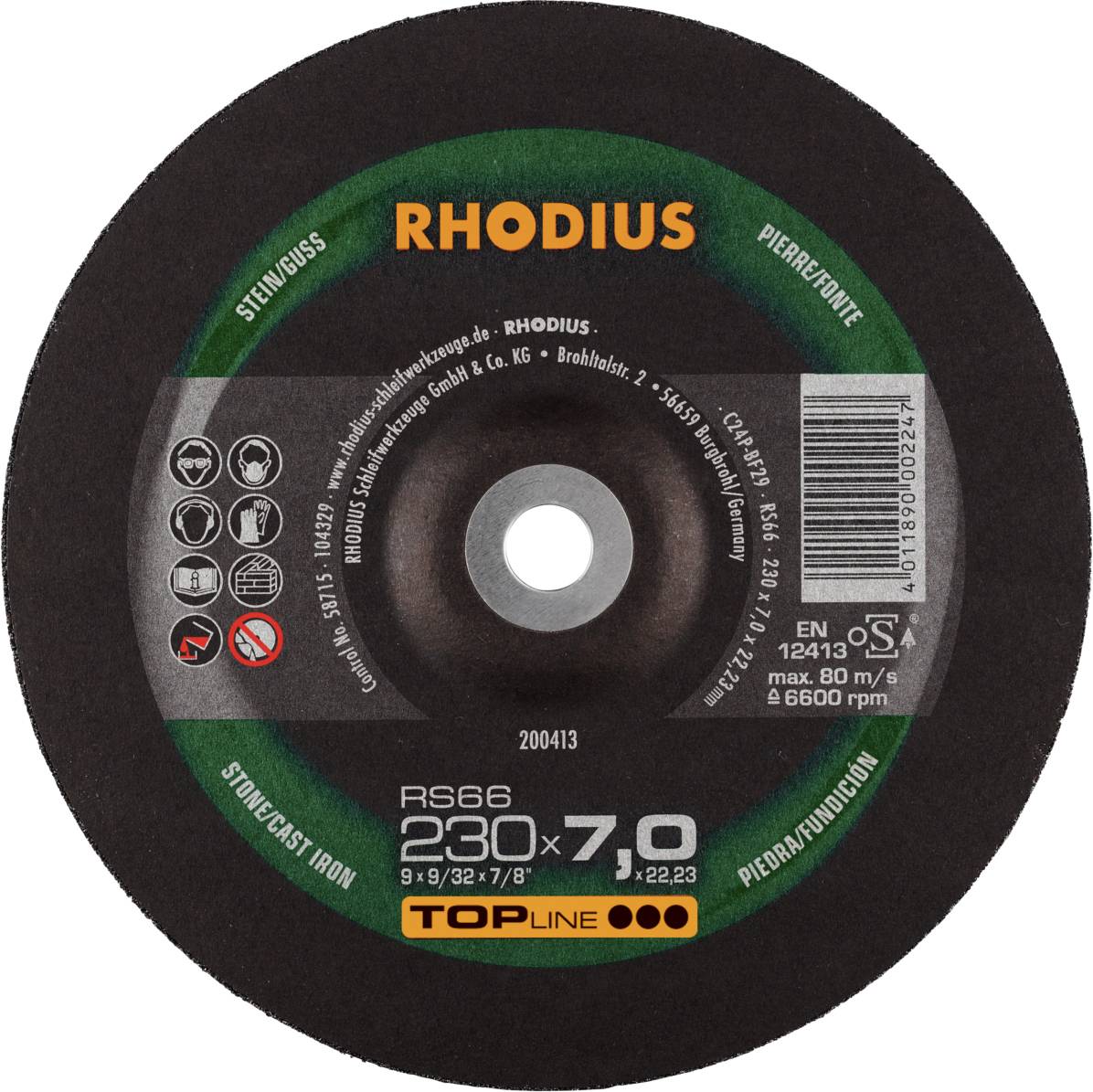 A grinding disc with the inscription 'RHODIUS', suitable for stone and cast iron, diameter 230 x 7.0 mm, maximum rotational speed 6,600 rpm.