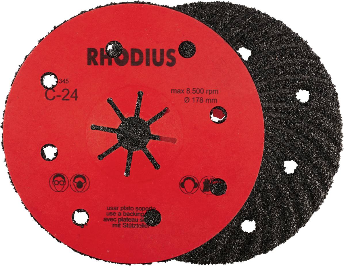 'RHODIUS' Grinding Disc C-24 for max. 8,500 rpm, diameter 178 mm. Use with support pad recommended.