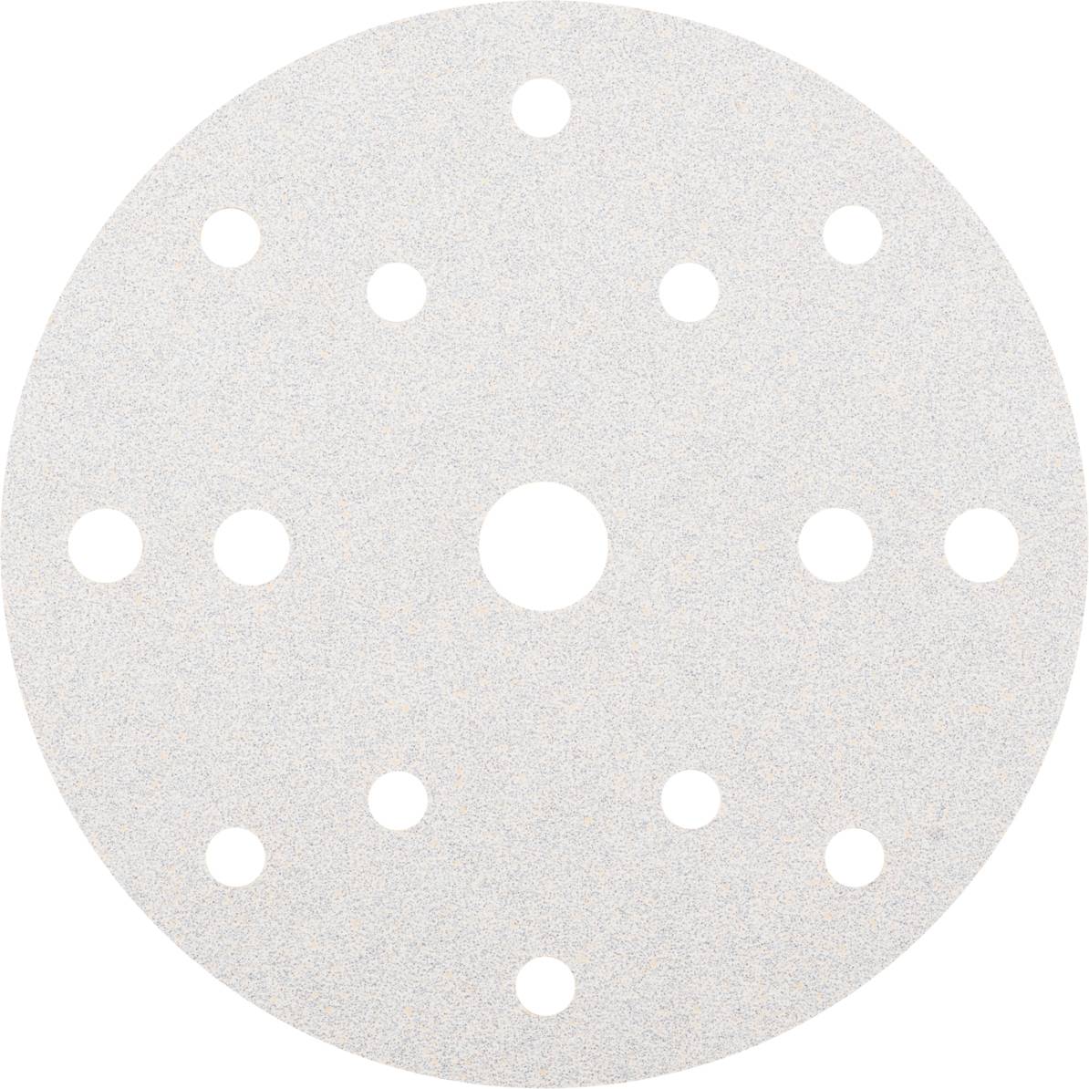 Round sanding disc with multiple holes for air circulation, evenly distributed, light sandy texture, diameter approximately 125 mm.