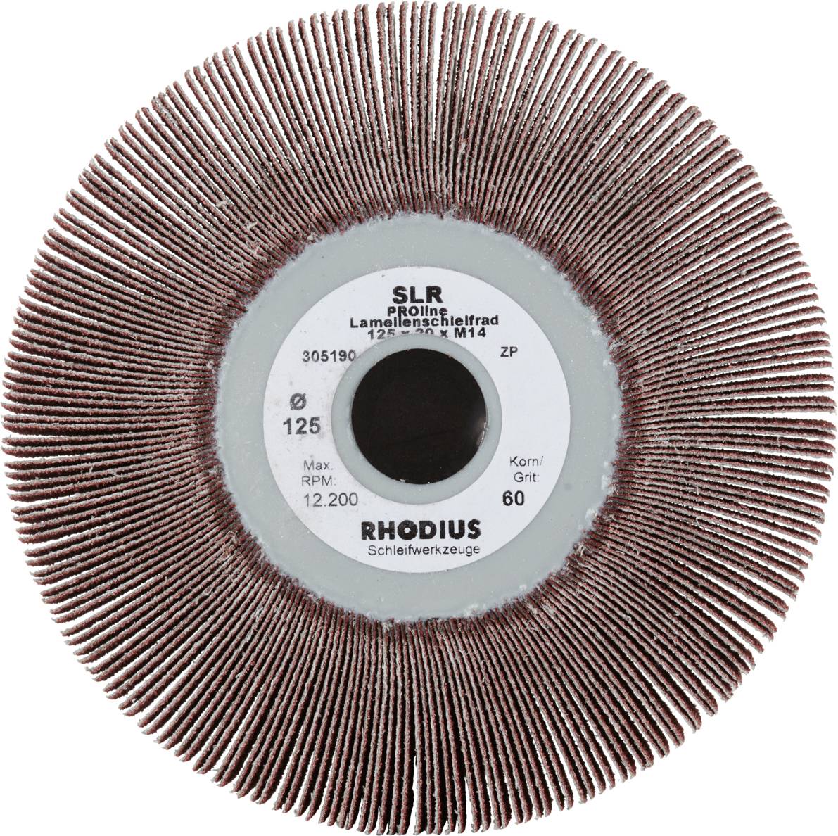A Rhodius flap grinding wheel with 60-grit grade and a maximum of 12,200 rpm, 125 mm in diameter, for surface treatment.