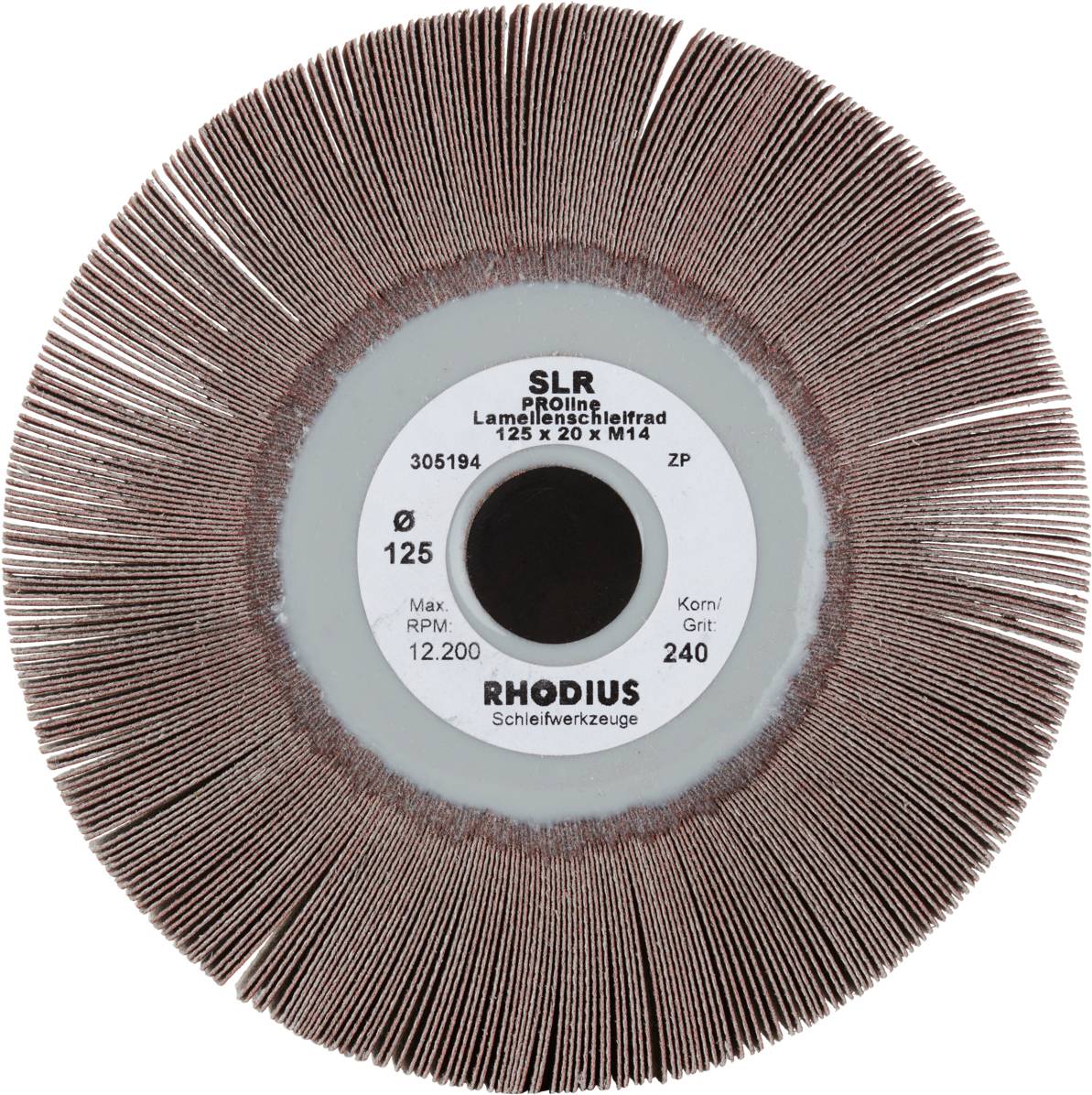 Grinding Tool: Flap Grinding Wheel with specifications 'SLR Rollin 125x20xM14' and grit size 240. Suitable for surface processing.