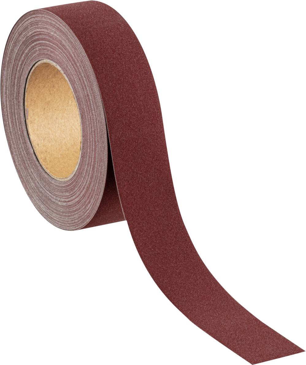 A roll of sandpaper with a rough, red surface, partially unrolled, shows its texture and use for sanding work.