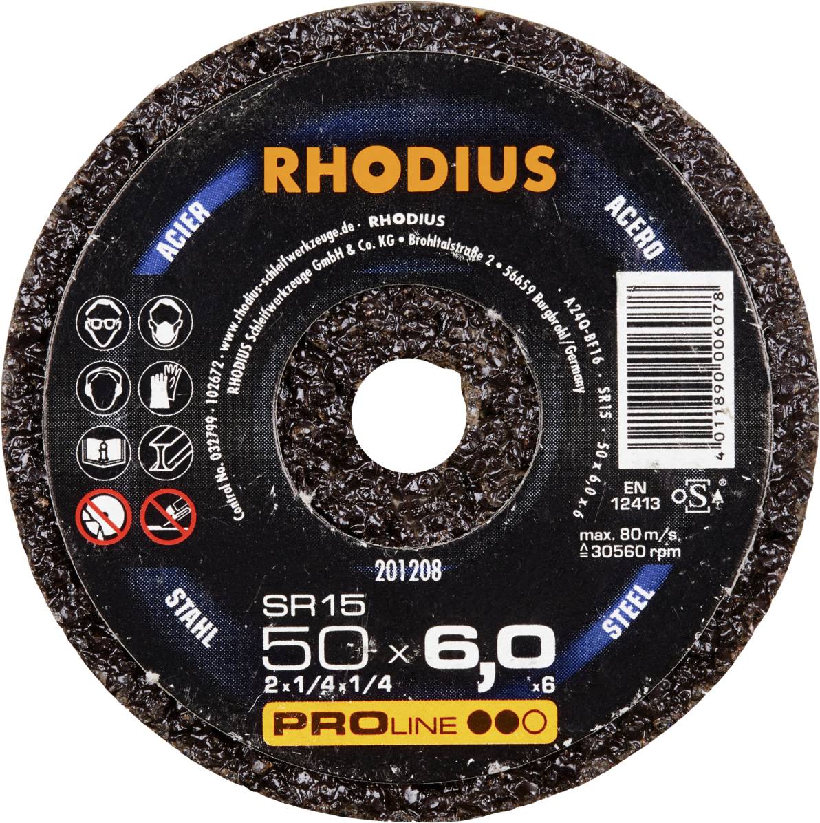 Rhodius Grinding Disc, Type SR15, Diameter 125 mm, Thickness 6 mm. Suitable for Steel and Stainless Steel. Maximum Speed 80 m/s.