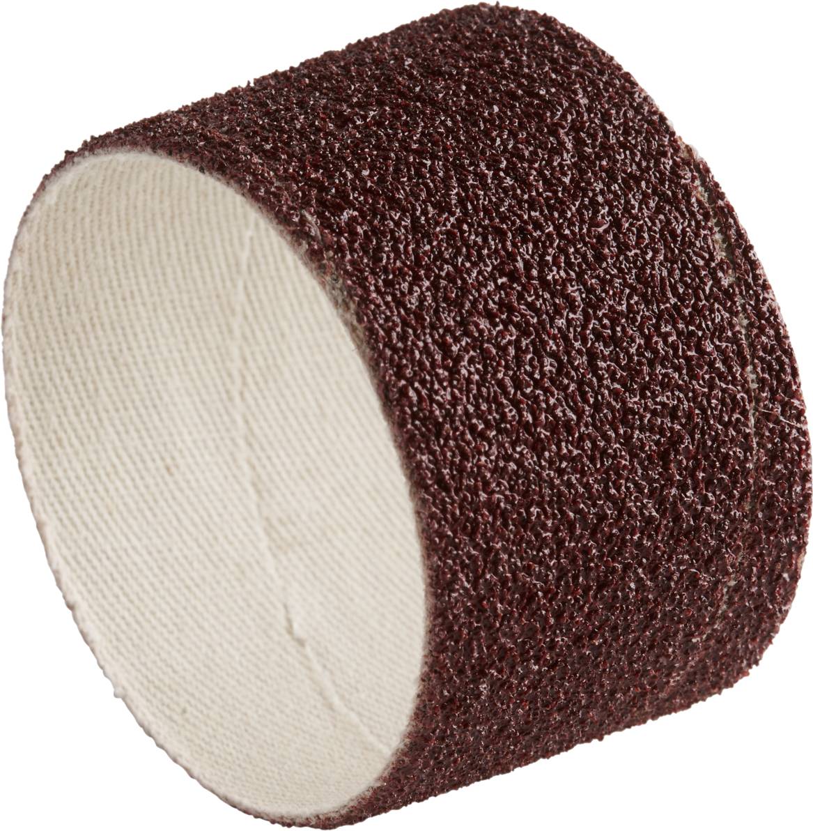 A reddish-brown sanding belt ring made of sandpaper, used in tool-related applications.