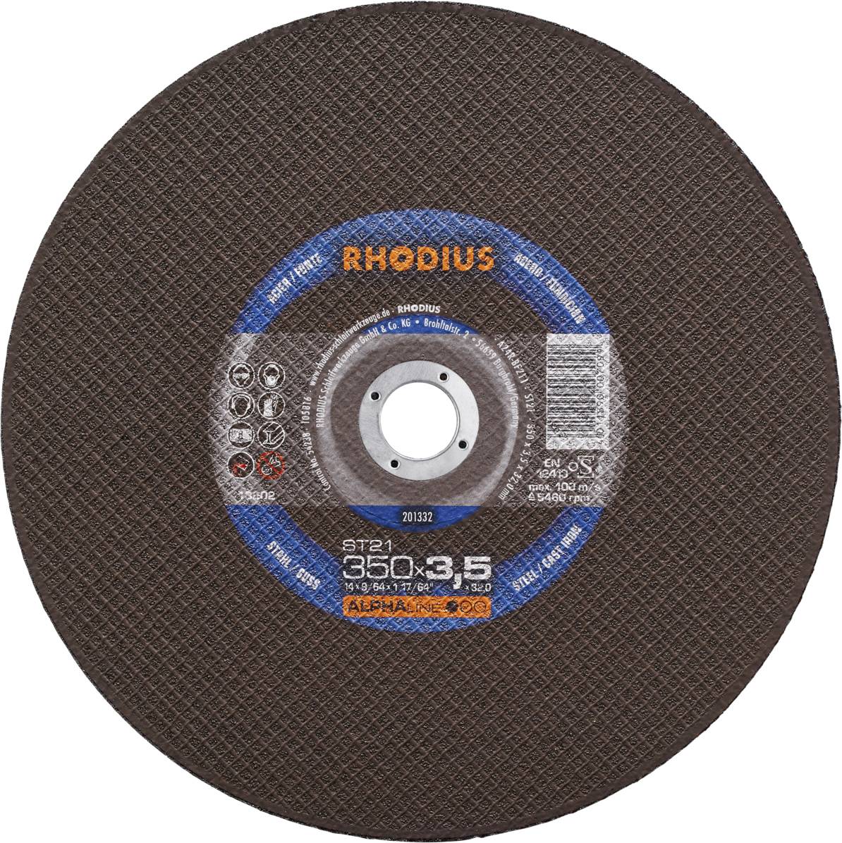 A brown cutting disc with blue and silver label. Inscription: 'RHODIUS ST21 350x3.5 mm'. Suitable for steel cutting.