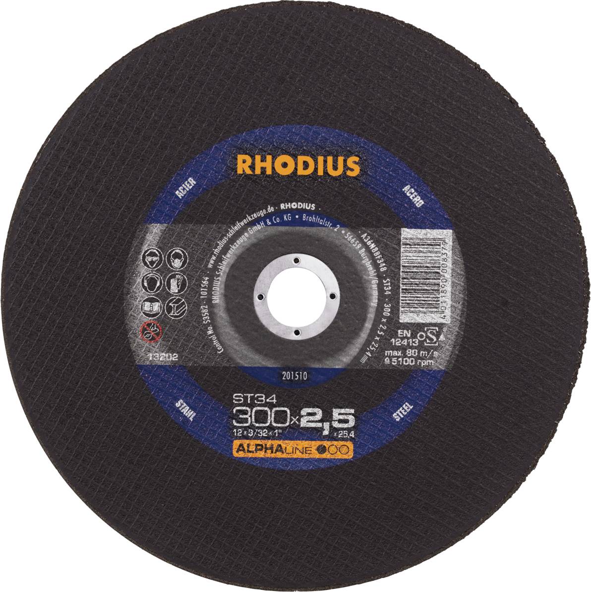 A grinding disc with the marking 'RHODIUS', 300x2.5 mm in size and suitable for a maximum rotational speed of 5,100 rpm.