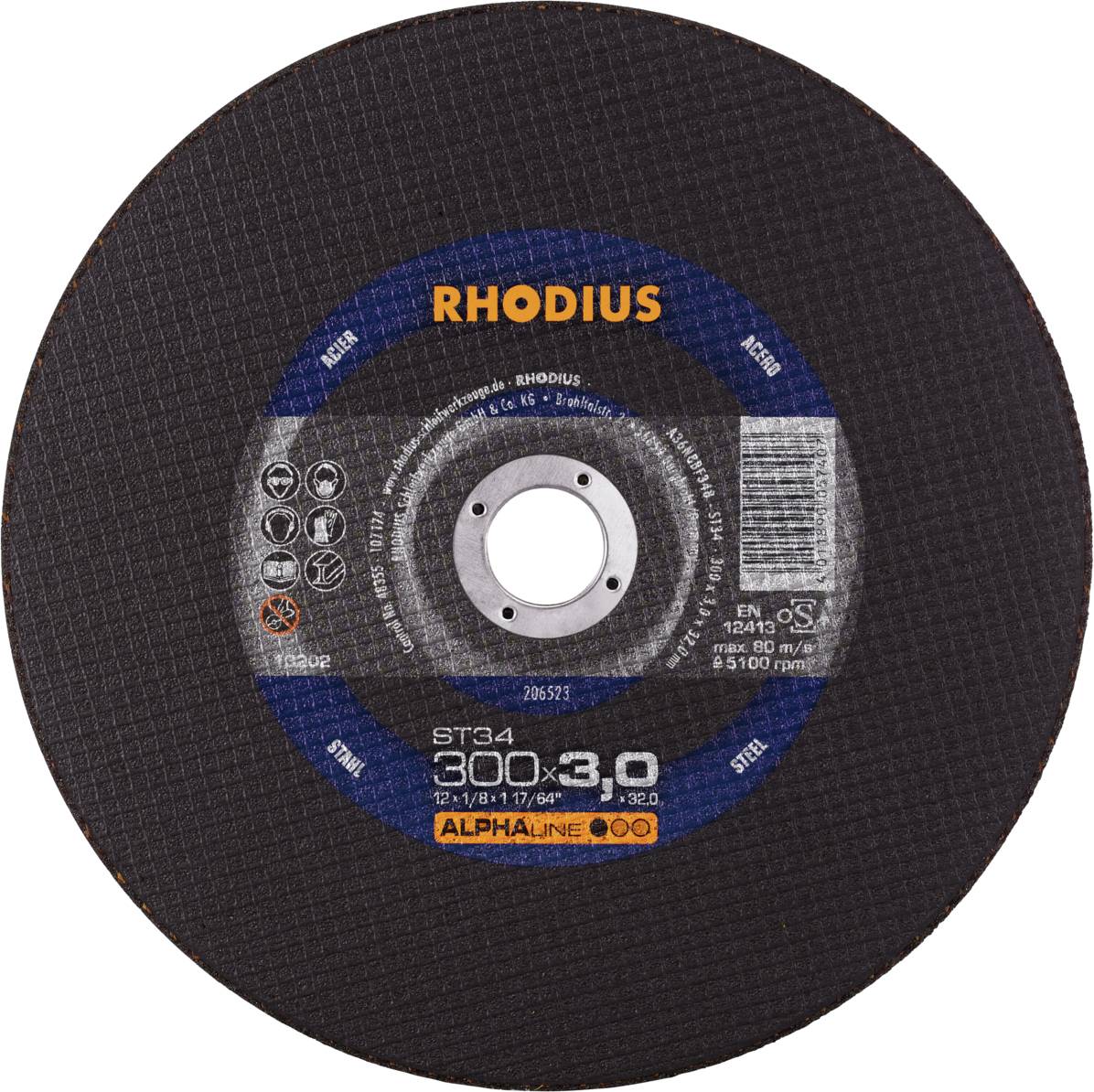 A round cutting disc with 'RHODIUS' printed on it and technical specifications in the centre. Suitable for metalworking.