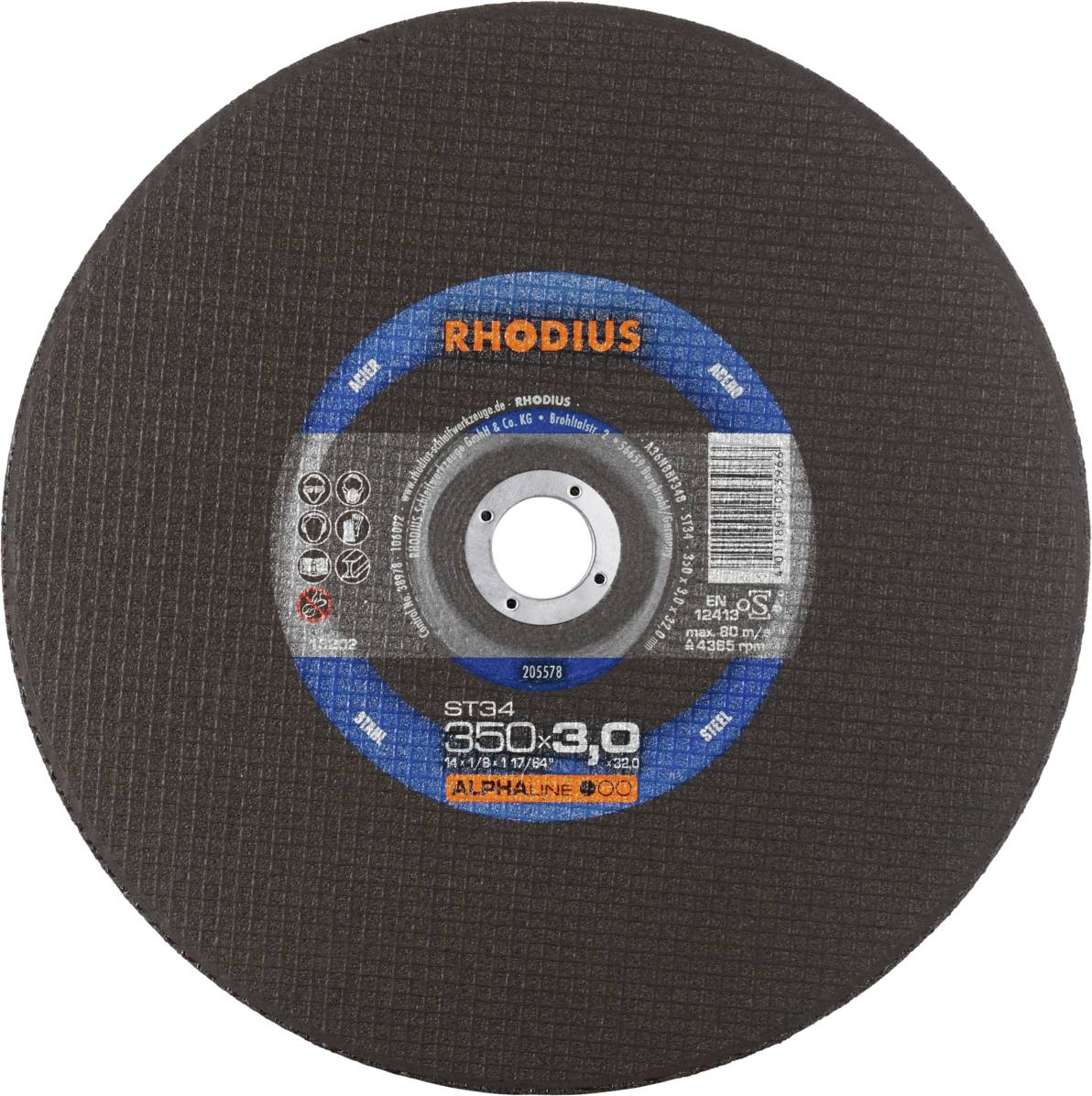 Rhodius grinding disc, model ST34, diameter 350 mm, thickness 3.0 mm, suitable for cutting metal.
