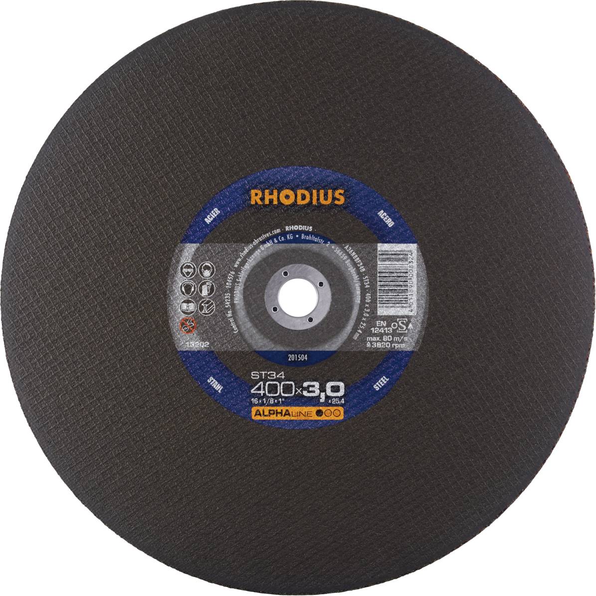 A Rhodius cutting disc, 400 mm in diameter, for metalworking; displaying logos and technical specifications in the centre.