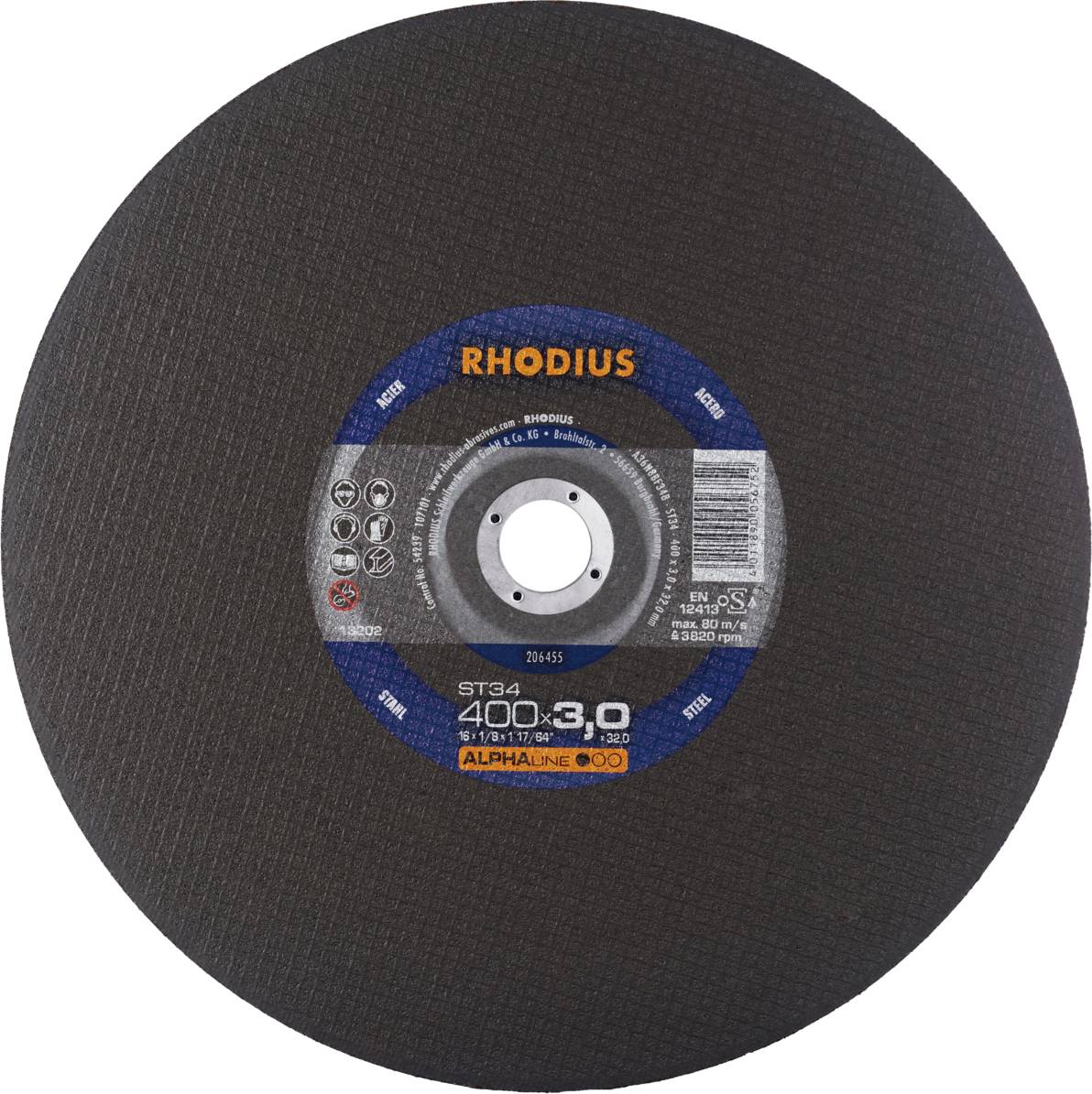 Rhodius grinding disc, model ST34, with 400 mm diameter and 3.0 mm thickness, suitable for steel and stainless steel.