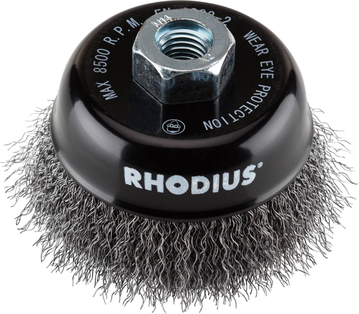 Wire brush attachment with metal bristles, labelling: Rhodius, max. 8500 rpm. Note: Wear safety glasses.